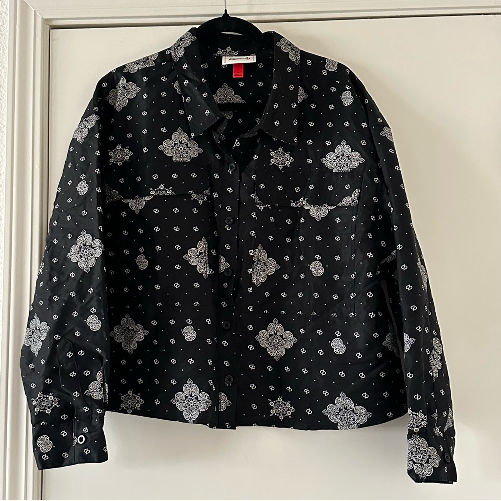 Woolrich X Target Womens Black & White Bandana Print Button Up Long Sleeve Shirt